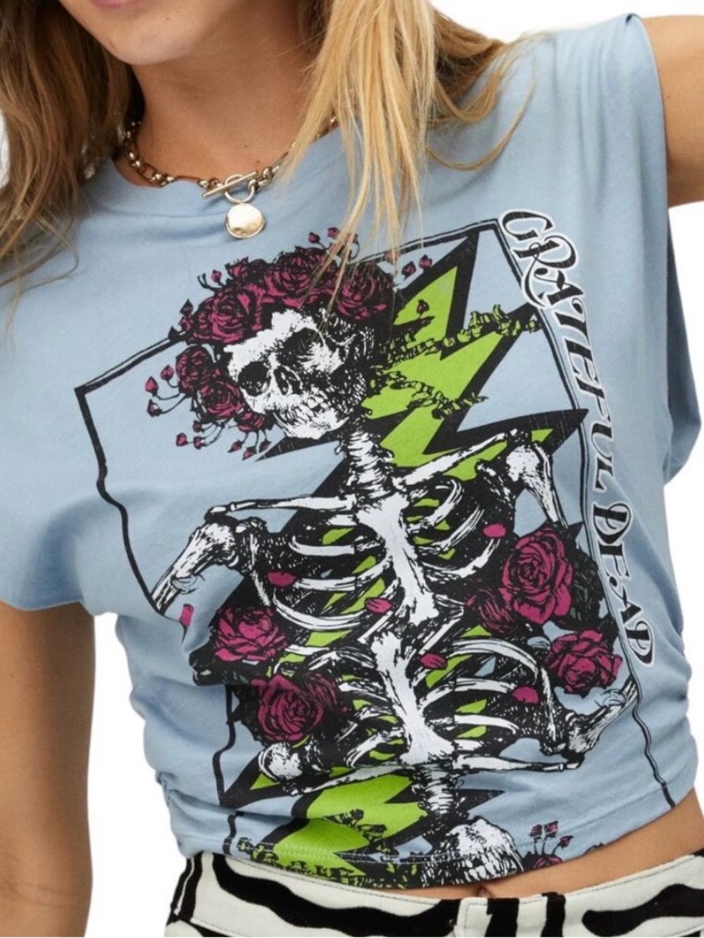 Daydreamer Light Blue Grateful Dead Skeleton & Rose Graphic crop top Tee
